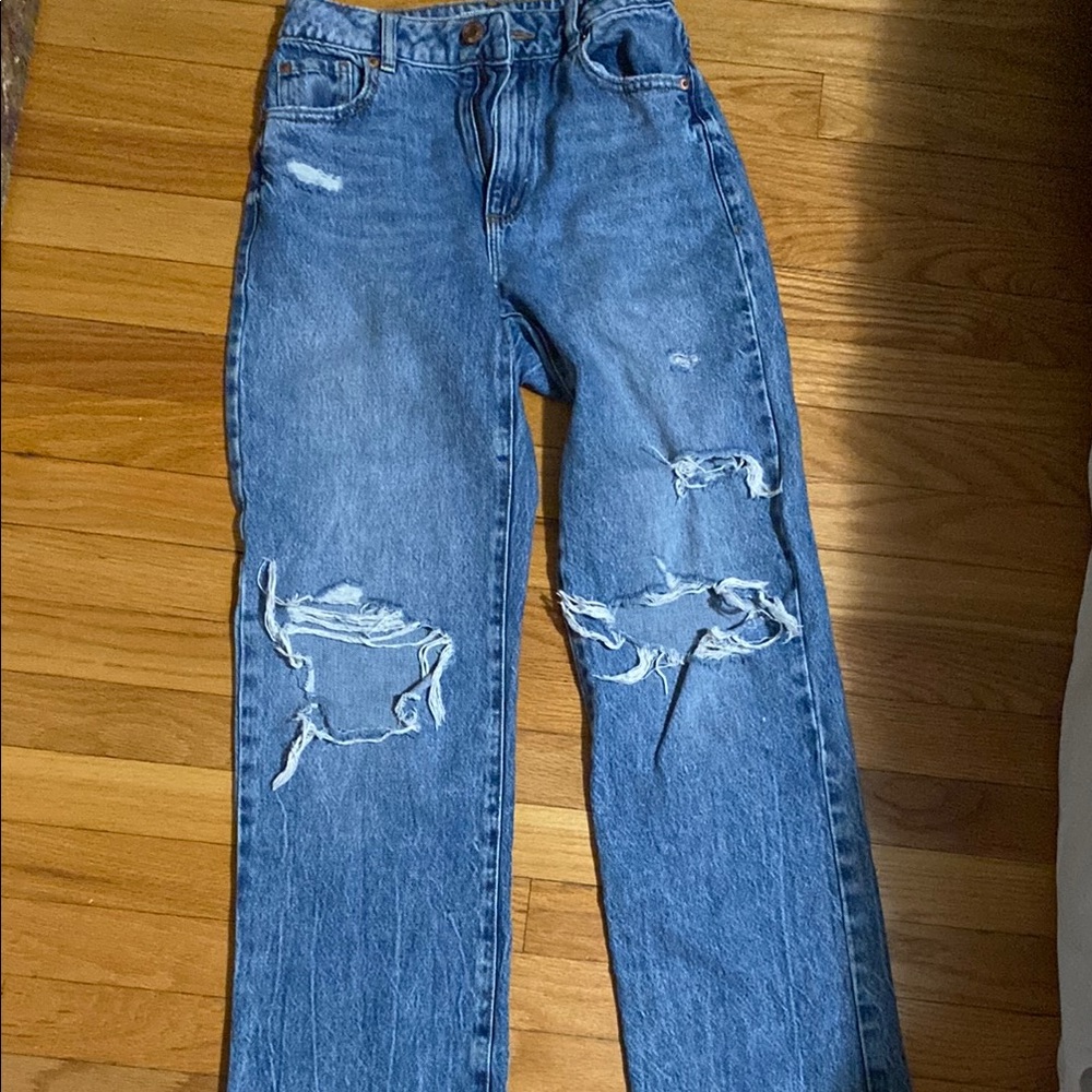 Blue Straight Distressed Denim Jeans